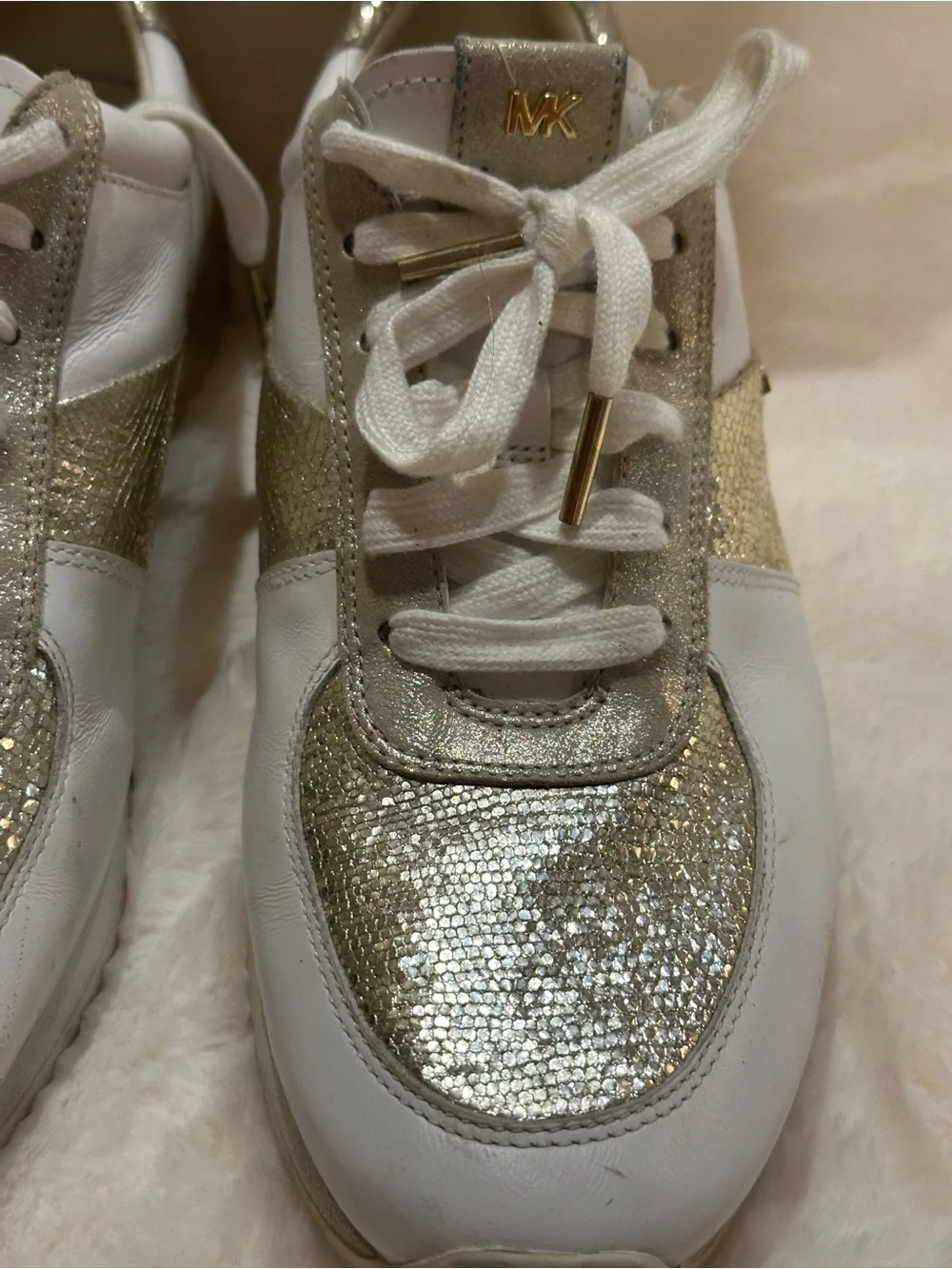 Michael Kors White and Gold Women's Sparkle Lace-Up Sneakers - Picture 5 of 10